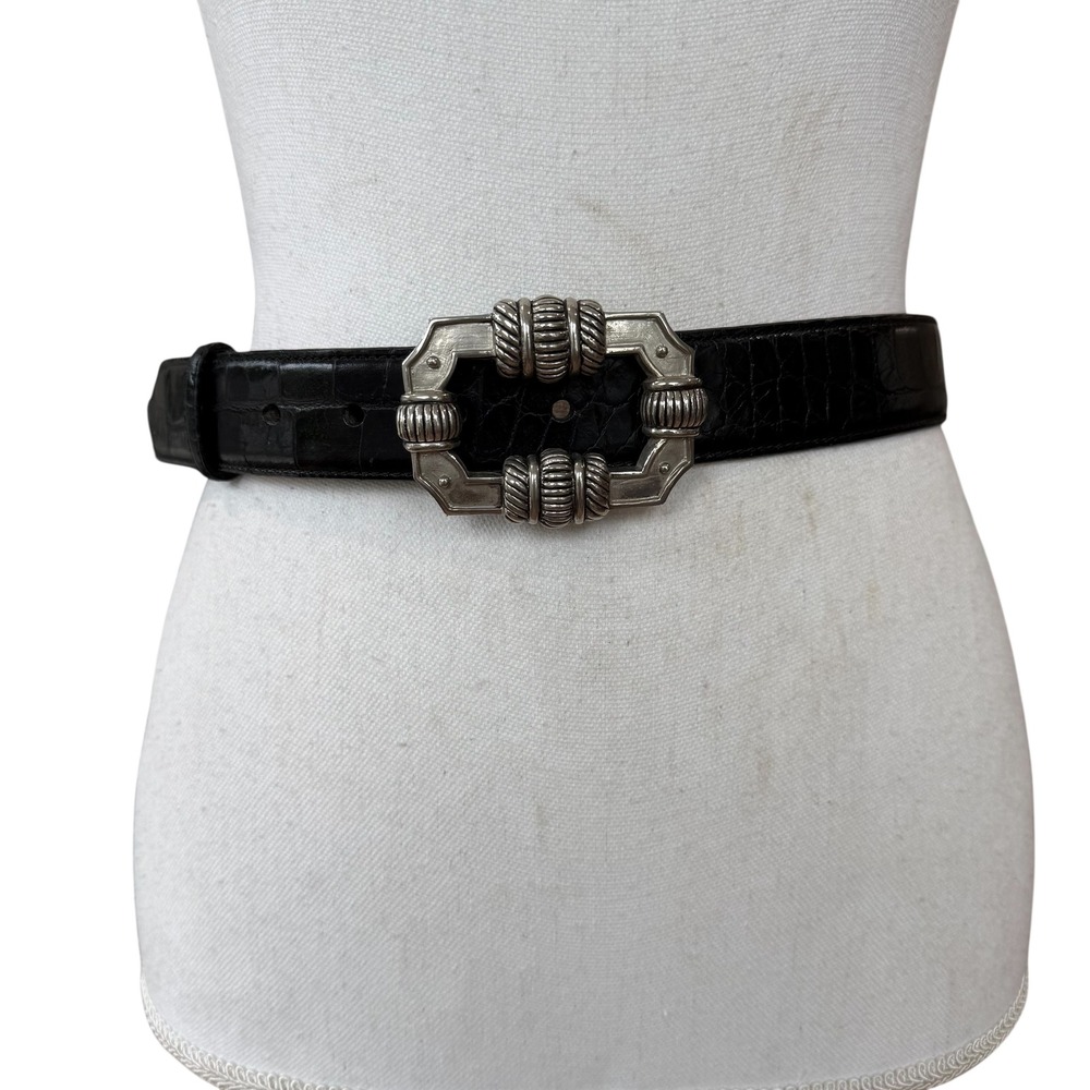 Carelen Designs Black Croc Embossed Leather Belt Silver Buckle Made in USA Sz‎ M